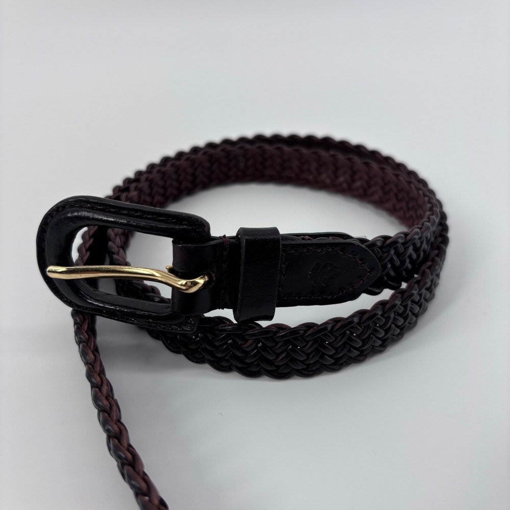 Vintage Brooks Brothers Narrow Woven Leather Belt Men M 38" MAX Drk Brown Preppy